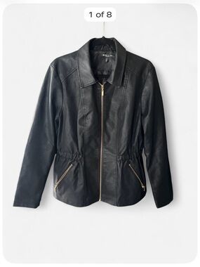 Baccini Women’s XL Black Faux Leather Jacket Gold Zip Fitted Moto